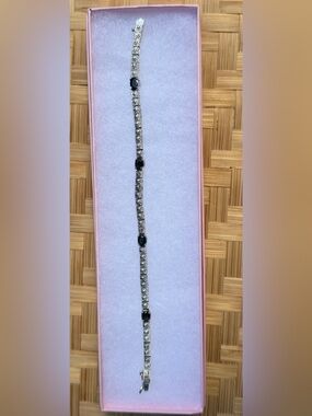 Silver Illusion Bracelet with Dark Blue Sapphire Accents, Marked 925 & DBJ, 7.5”